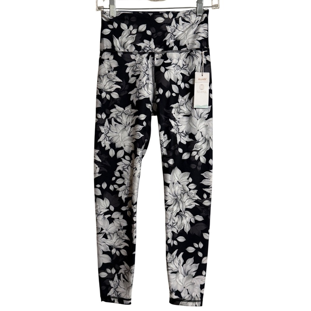 Balance Collection Womens Floral High Waist Leggings Black White Dry-Wik Small